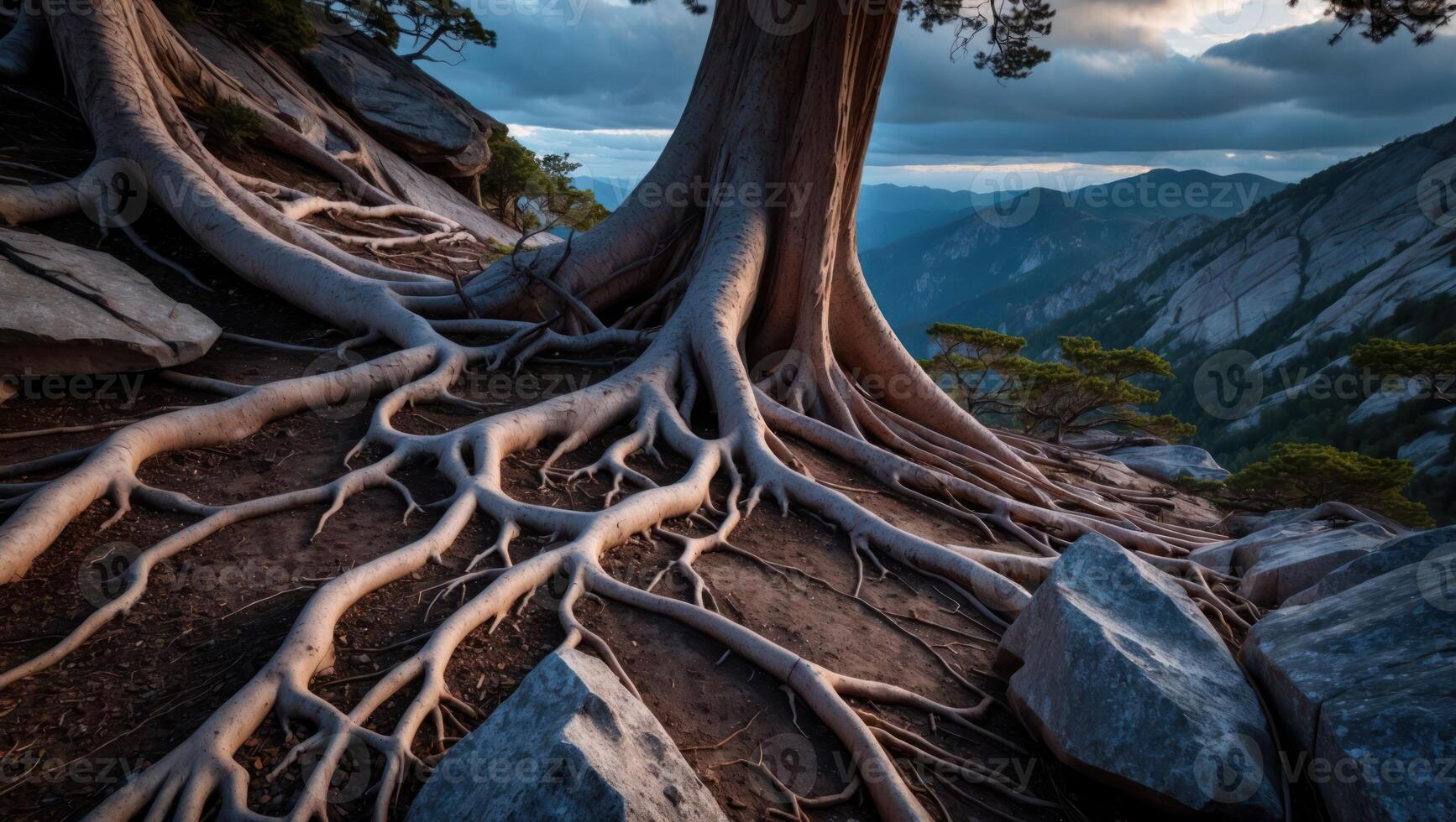 Exposed Tree Roots Clinging to Mountainside with Distant Mountain View photo