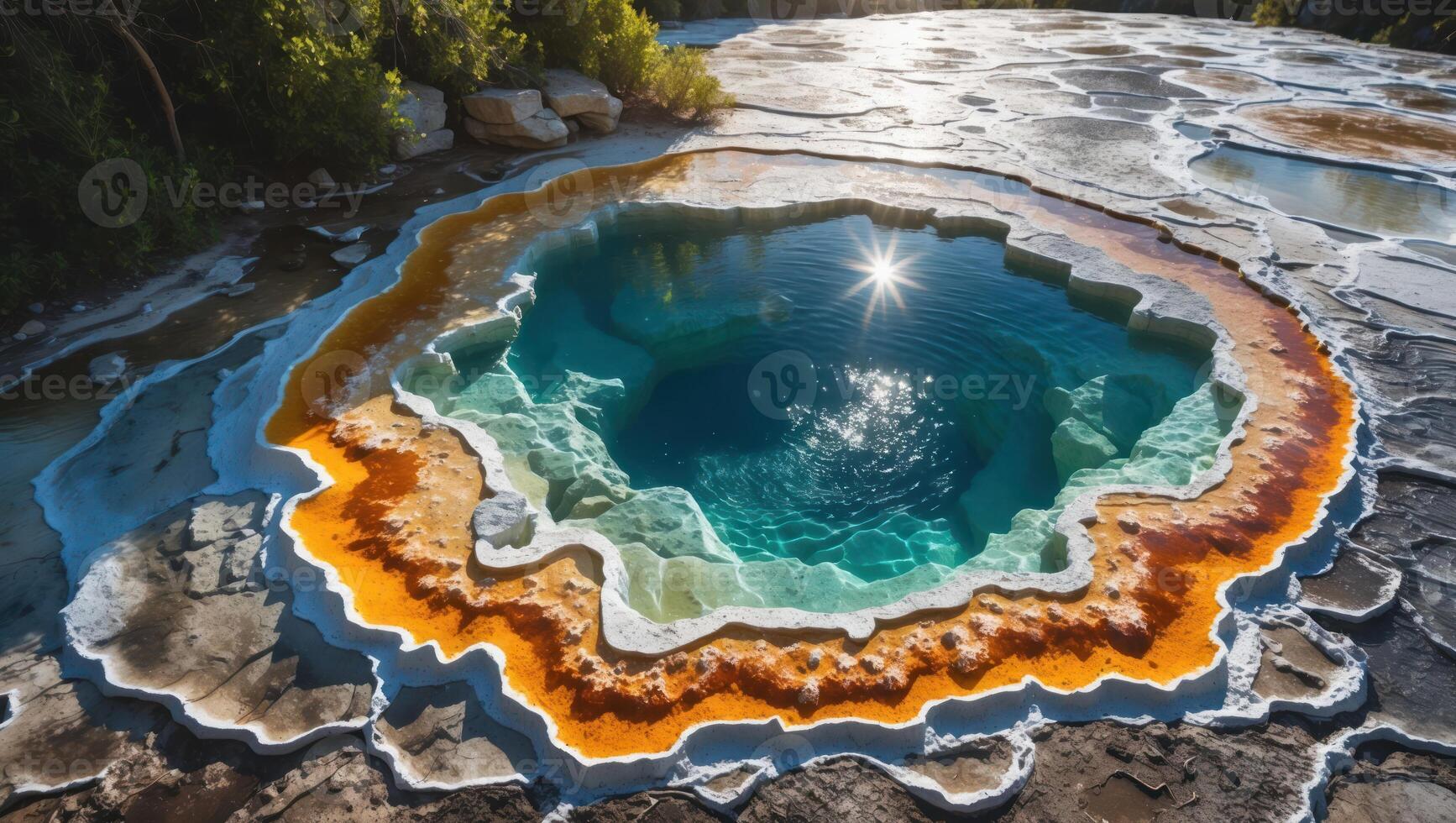 Turquoise Hot Spring with Colorful Minerals and Sun Reflections Landscape photo