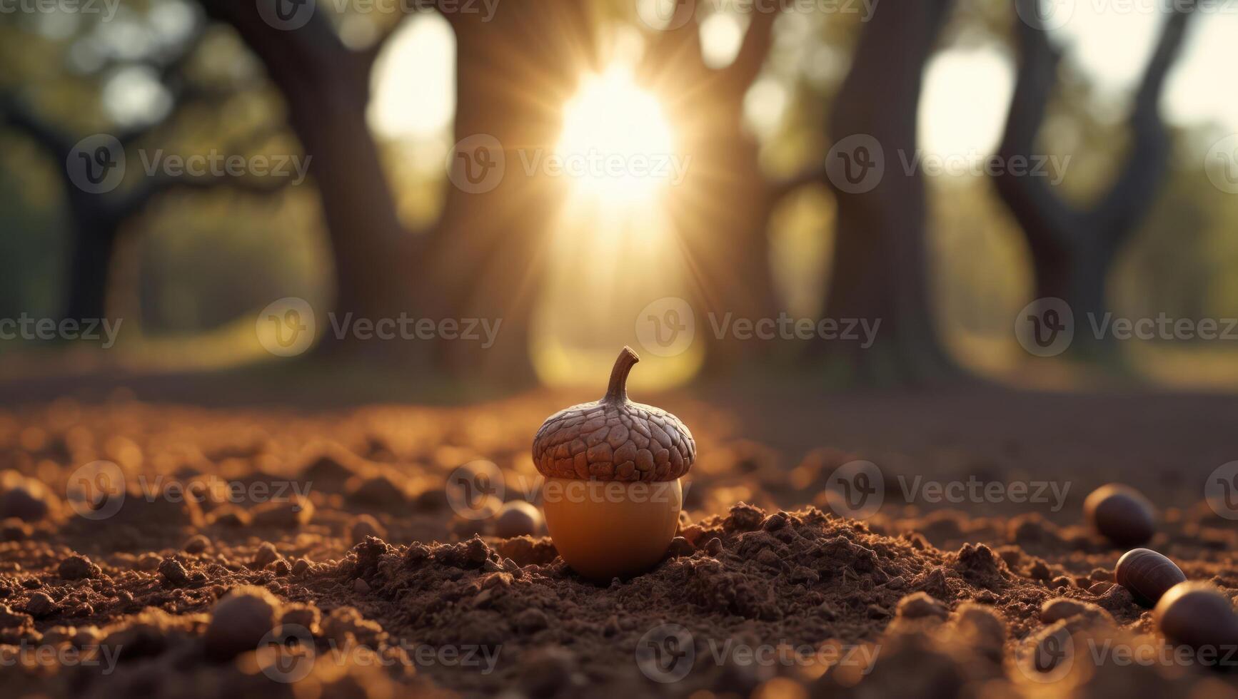 Acorn Resting on Soil with Sunlight Streaming Through Distant Trees photo