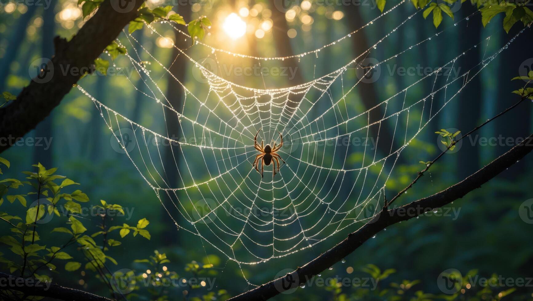 Spider Waiting on Web in Forest with Dewdrops at Sunrise photo