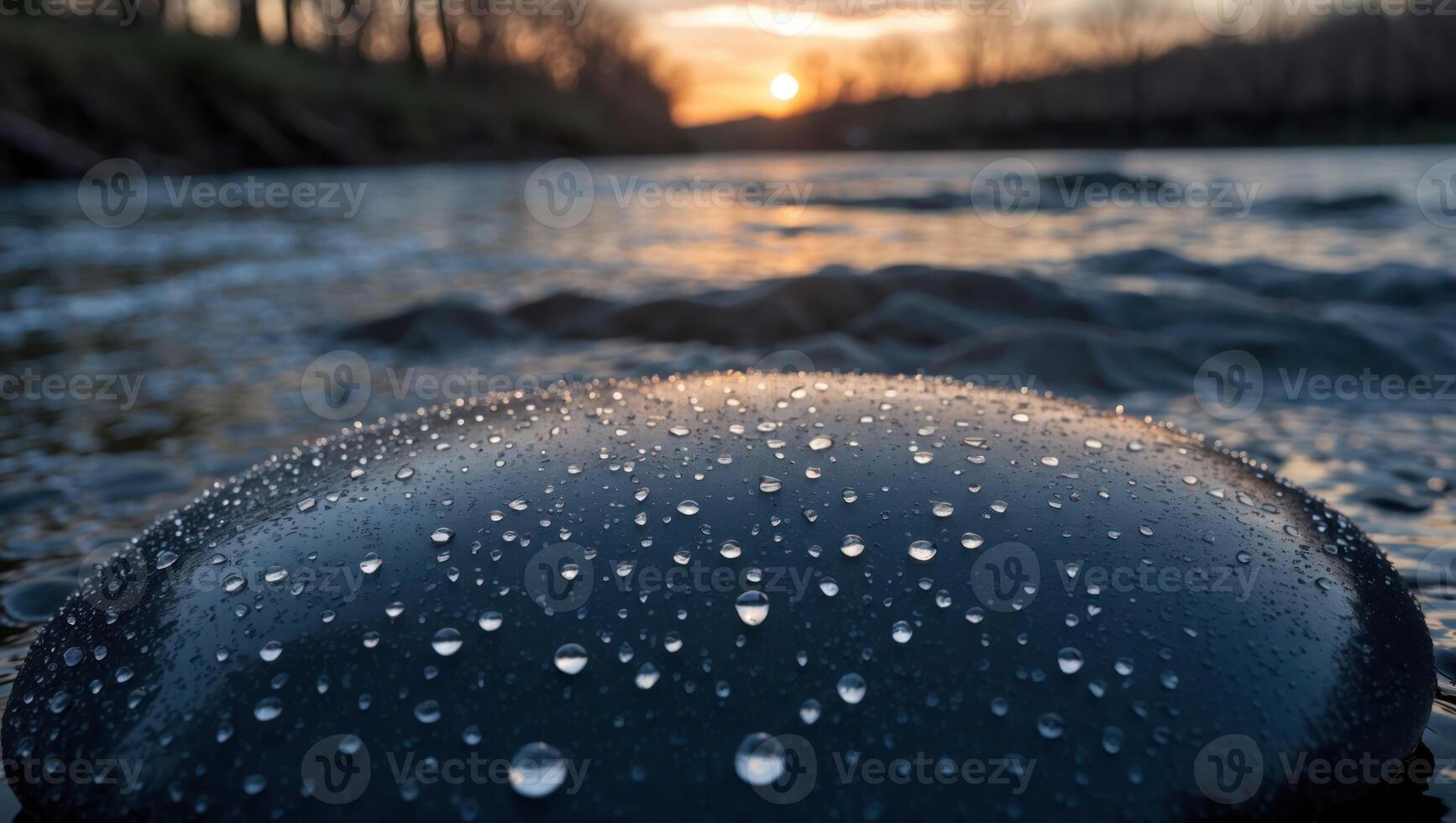 Water Droplets on Rock in River at Sunset with Reflection photo