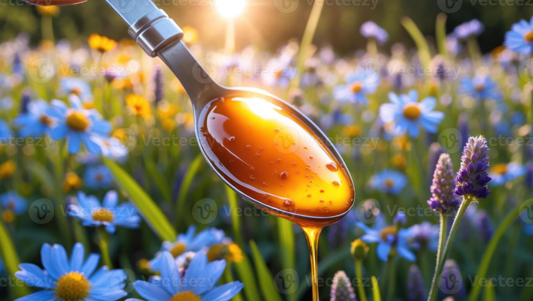 Pouring Honey on Spoon with Field of Flowers in Background photo