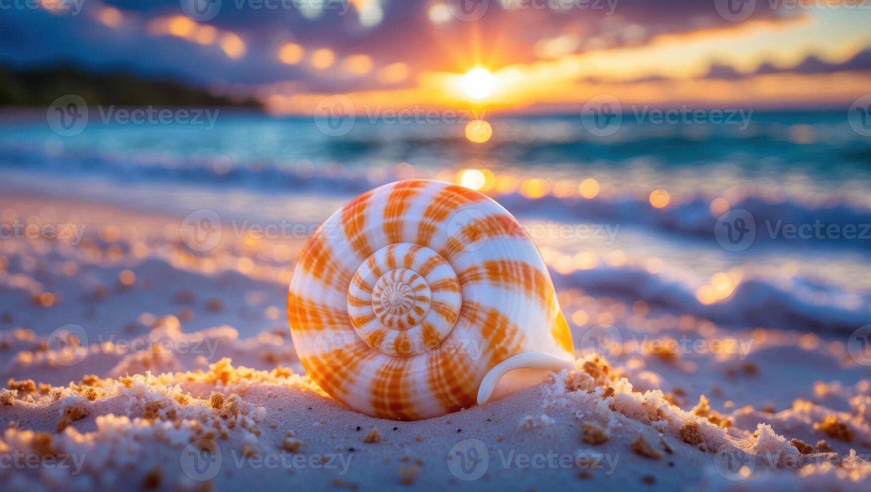 Seashell Resting on Sandy Beach with Beautiful Sunset and Ocean photo