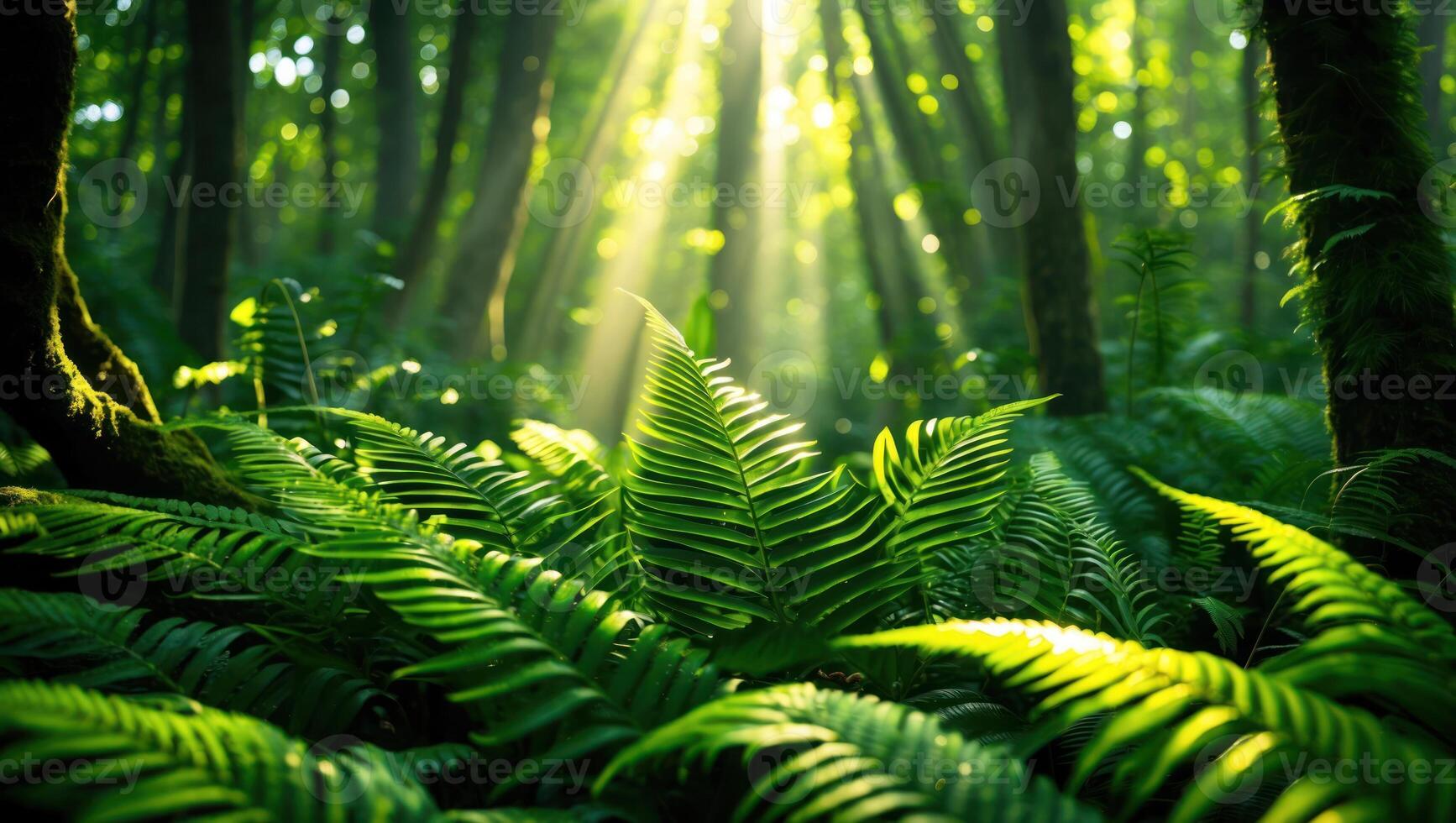Ferns Growing in Forest with Sunlight Shining Through Trees photo