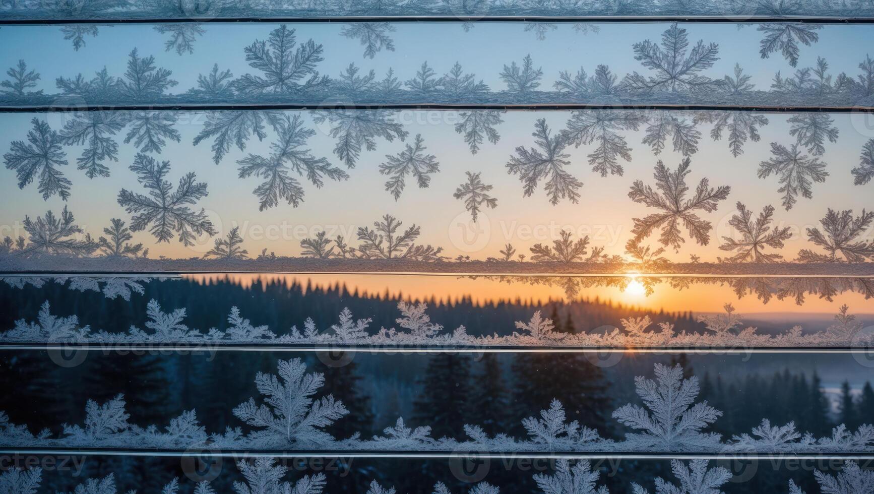 Snowflake Patterned Window Overlooking a Forest at Sunset Winter Scene photo