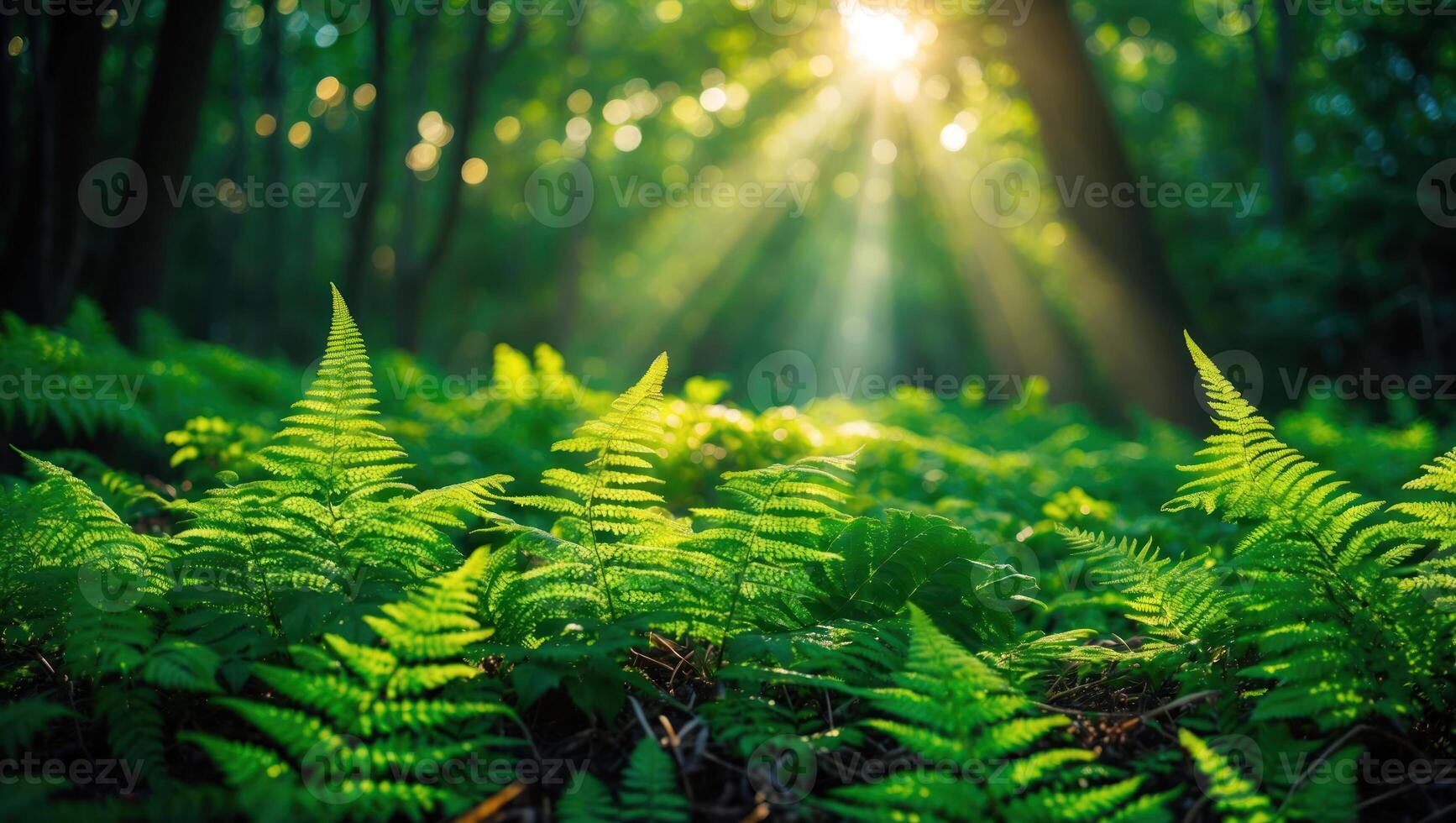 Ferns Forest Floor with Sun Rays Filtering Through Trees Canopy photo
