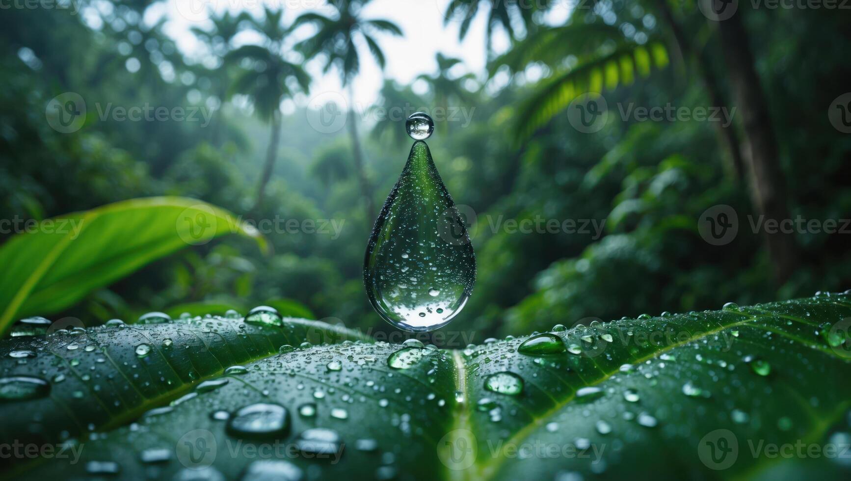 Water Drop on Leaf Captures Forest Reflection Refreshing Nature Scene photo