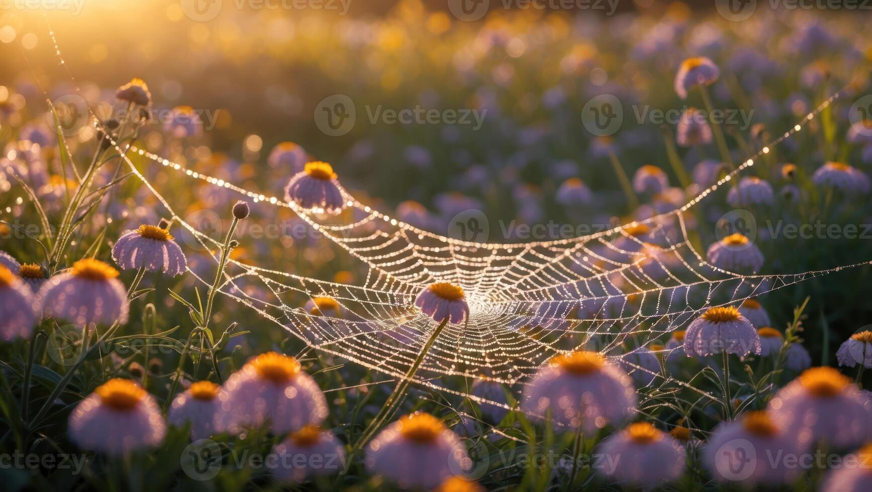 Spiderweb Covered in Dew Drops Among Meadow Flowers at Sunrise photo