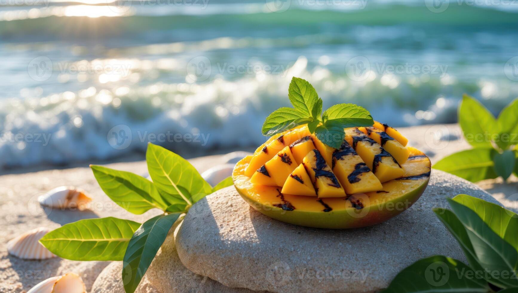 Grilled Mango with Mint on Beach Rocks at Sunset Backdrop photo