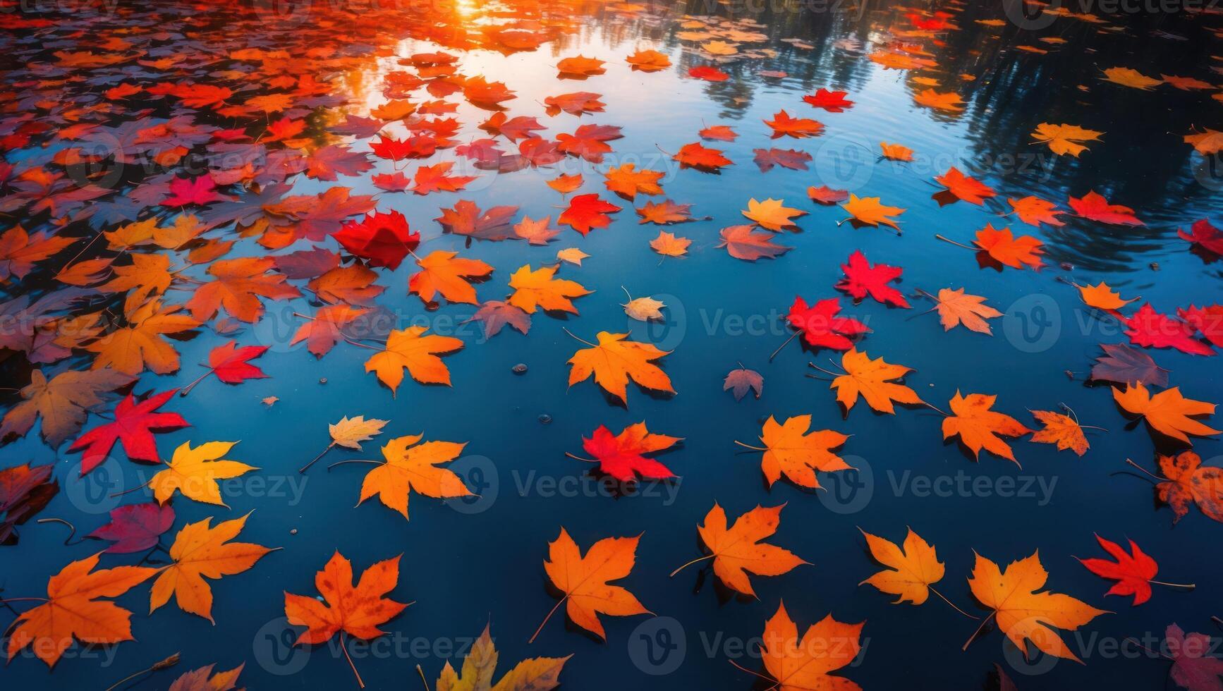Floating Autumn Leaves Reflecting Sunlight on Dark Water Surface photo