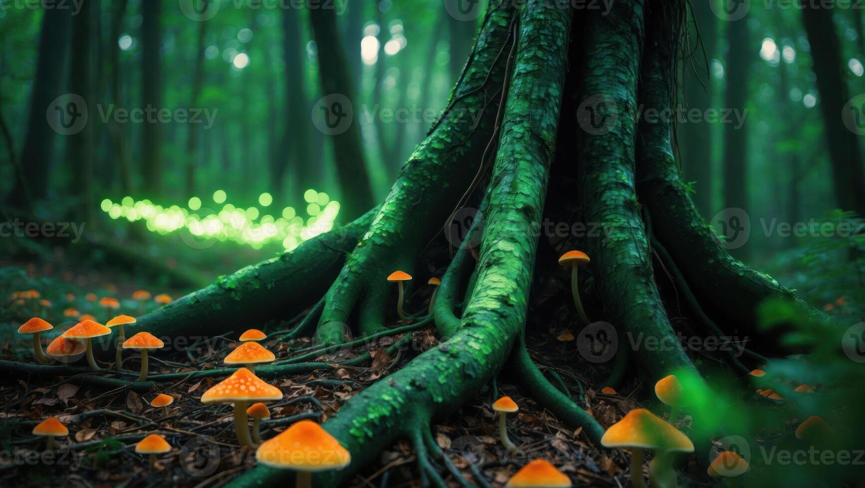 Exploring Forest Floor Mushrooms Growing Near Roots with Mysterious Glowing Lights photo