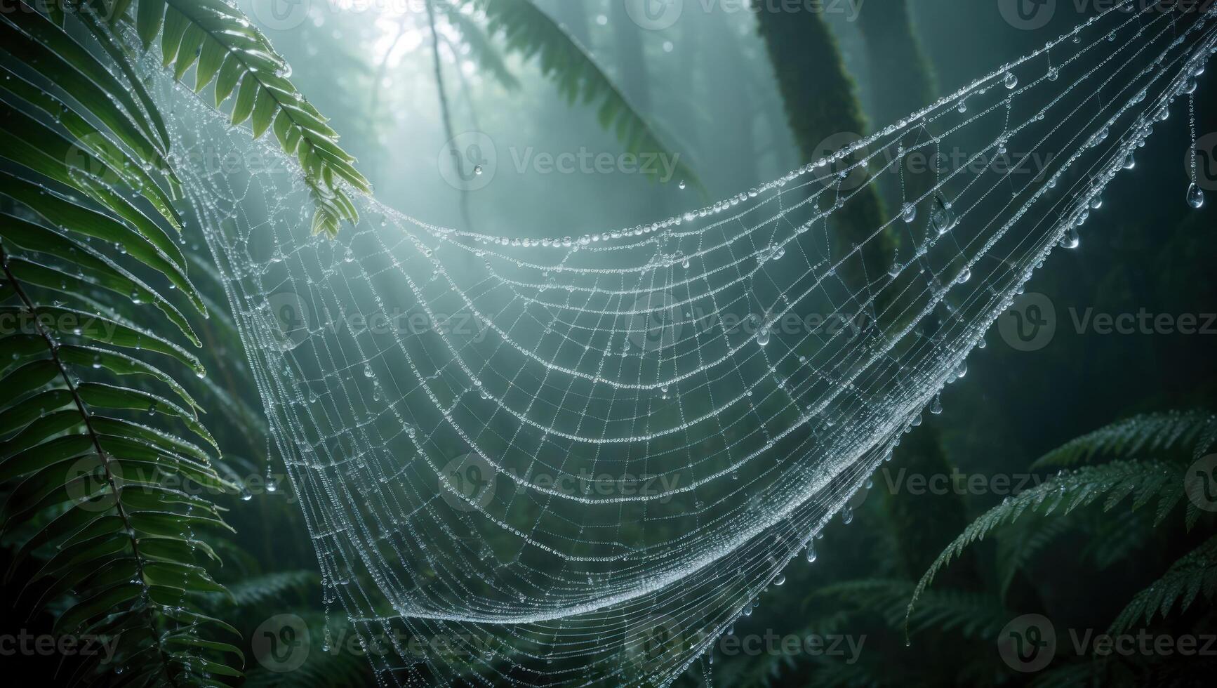 Spiderweb with Dew Drops in a Foggy Forest Scene photo
