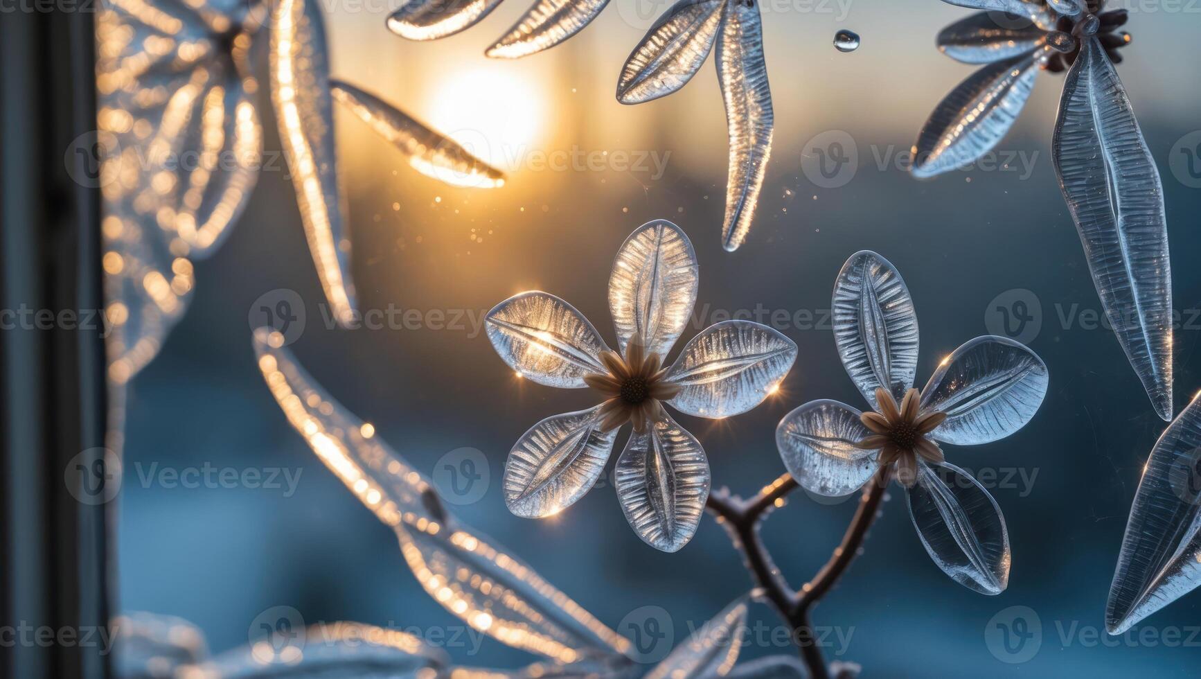 Frozen Flower with Ice Crystals Reflecting Sunlight Creating Winter Magic photo