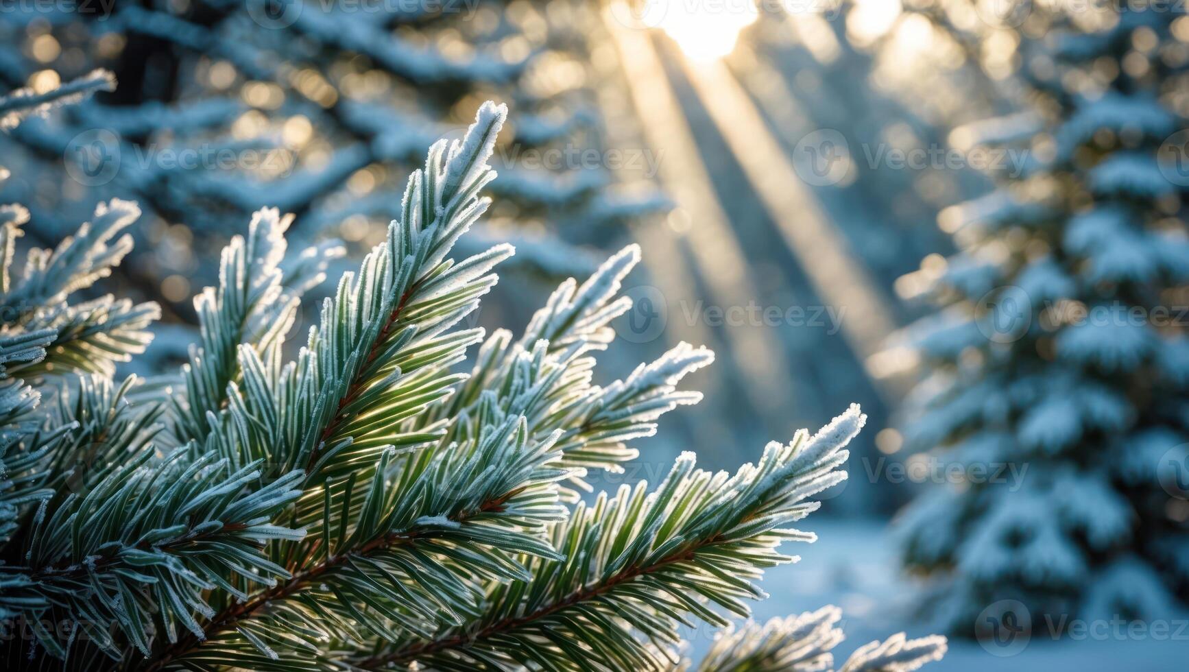 Frosty Evergreen Branch with Sunlight Streaking Through a Winter Forest photo