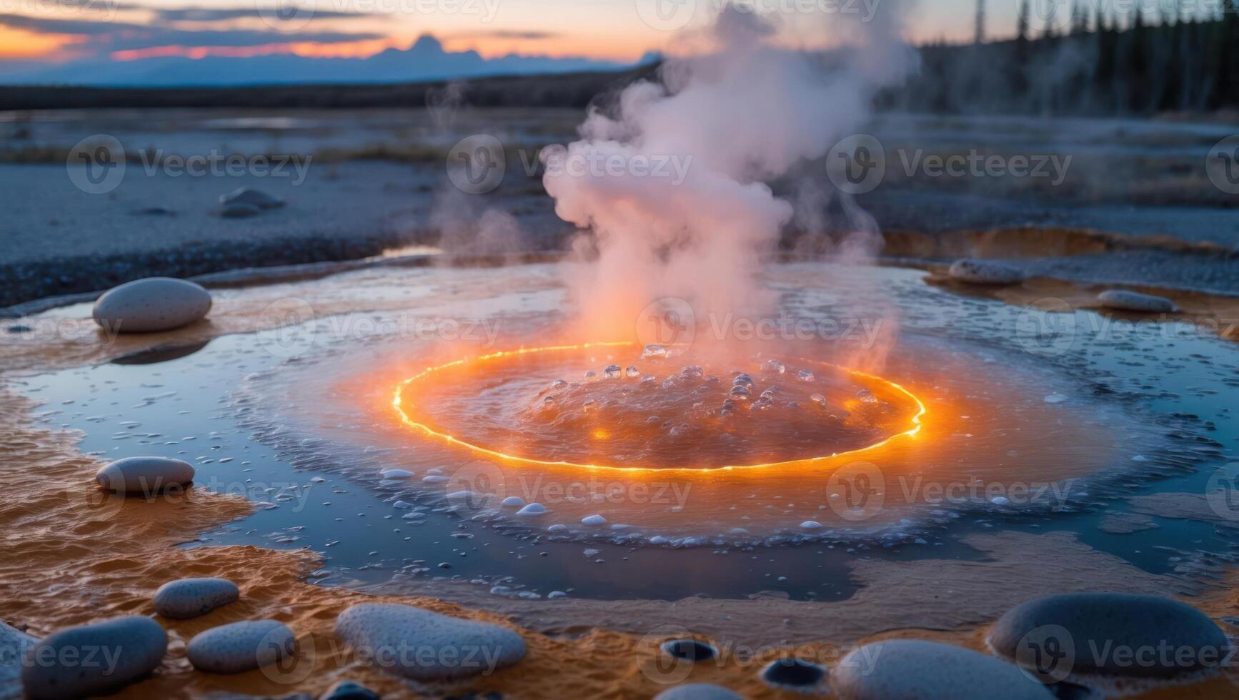 Steaming Geothermal Spring at Dusk with Rock Formations and Water photo