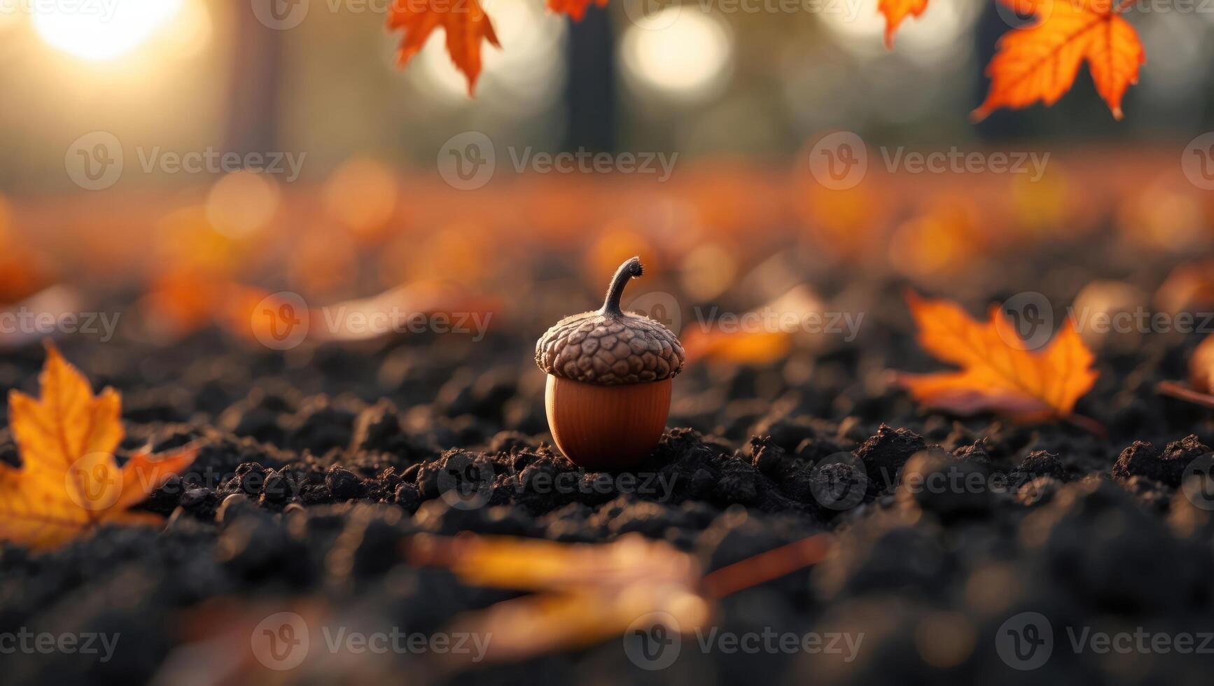 Acorn Lying on Ground with Autumn Leaves During Golden Hour photo