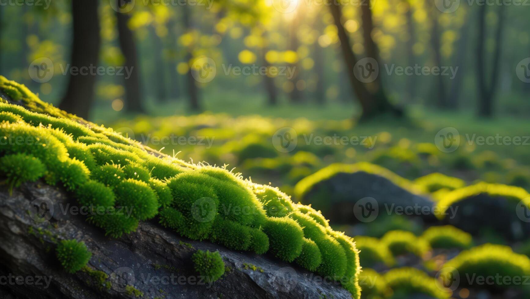 Moss Growing on Log in Forest with Sunlight Streaming Through Trees photo