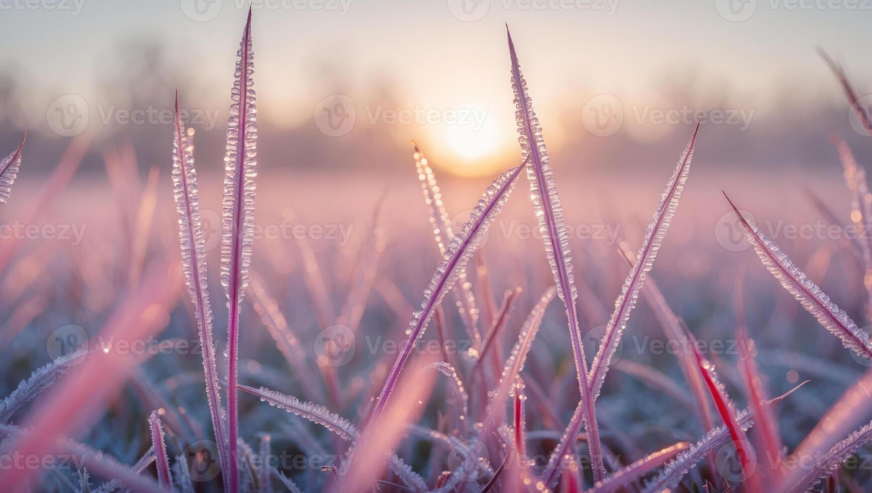 Frost Covered Grass Blades Gleaming in Morning Sunlight Natural Scene photo