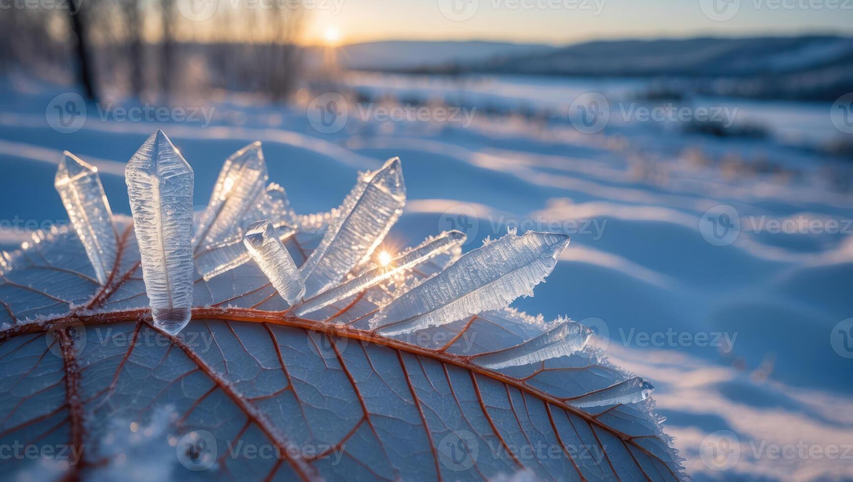 Ice Crystals Forming on a Leaf in Snowy Winter Landscape photo