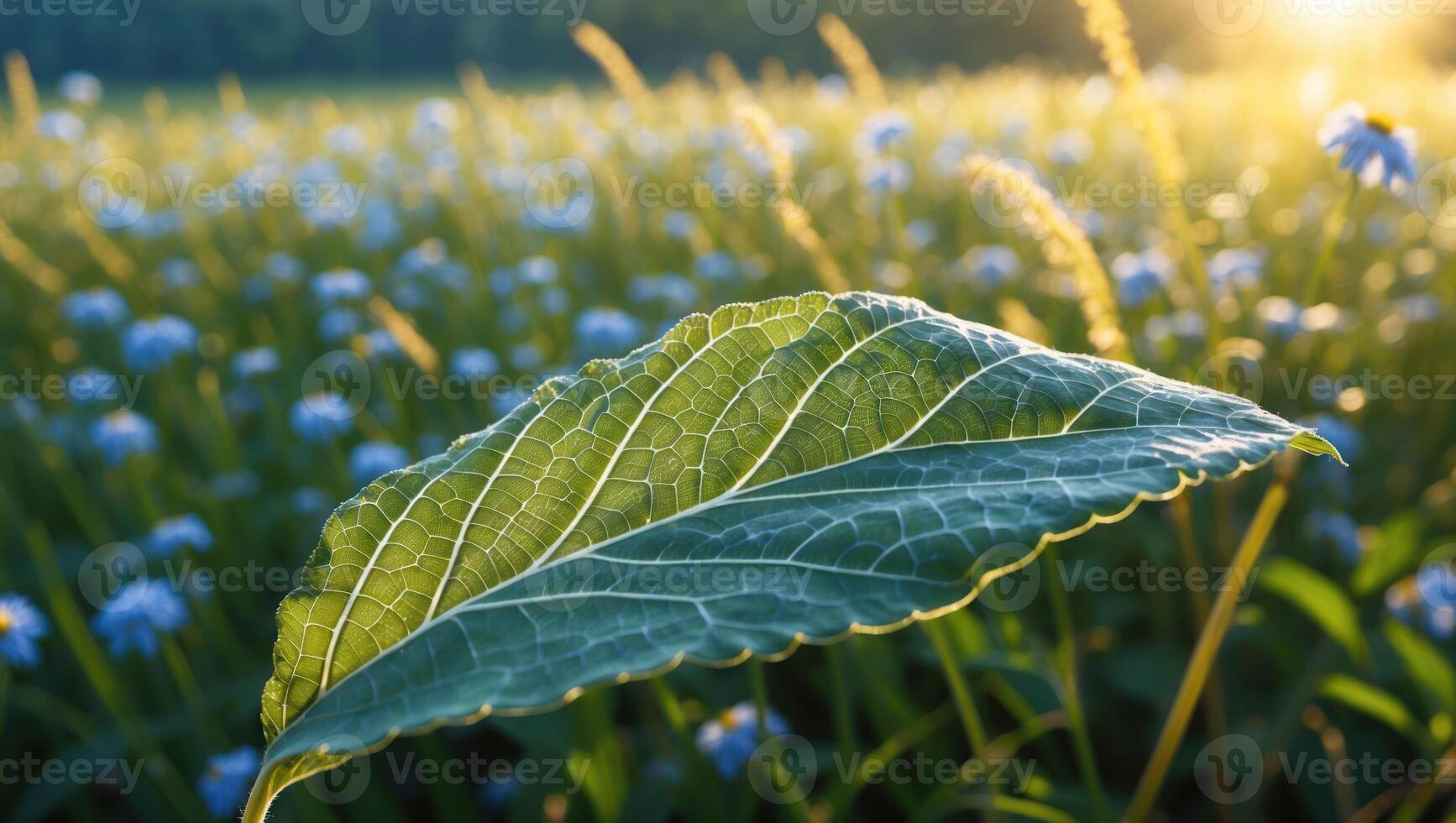 Large Leaf Detail in Flower Field at Sunrise Natural Light photo