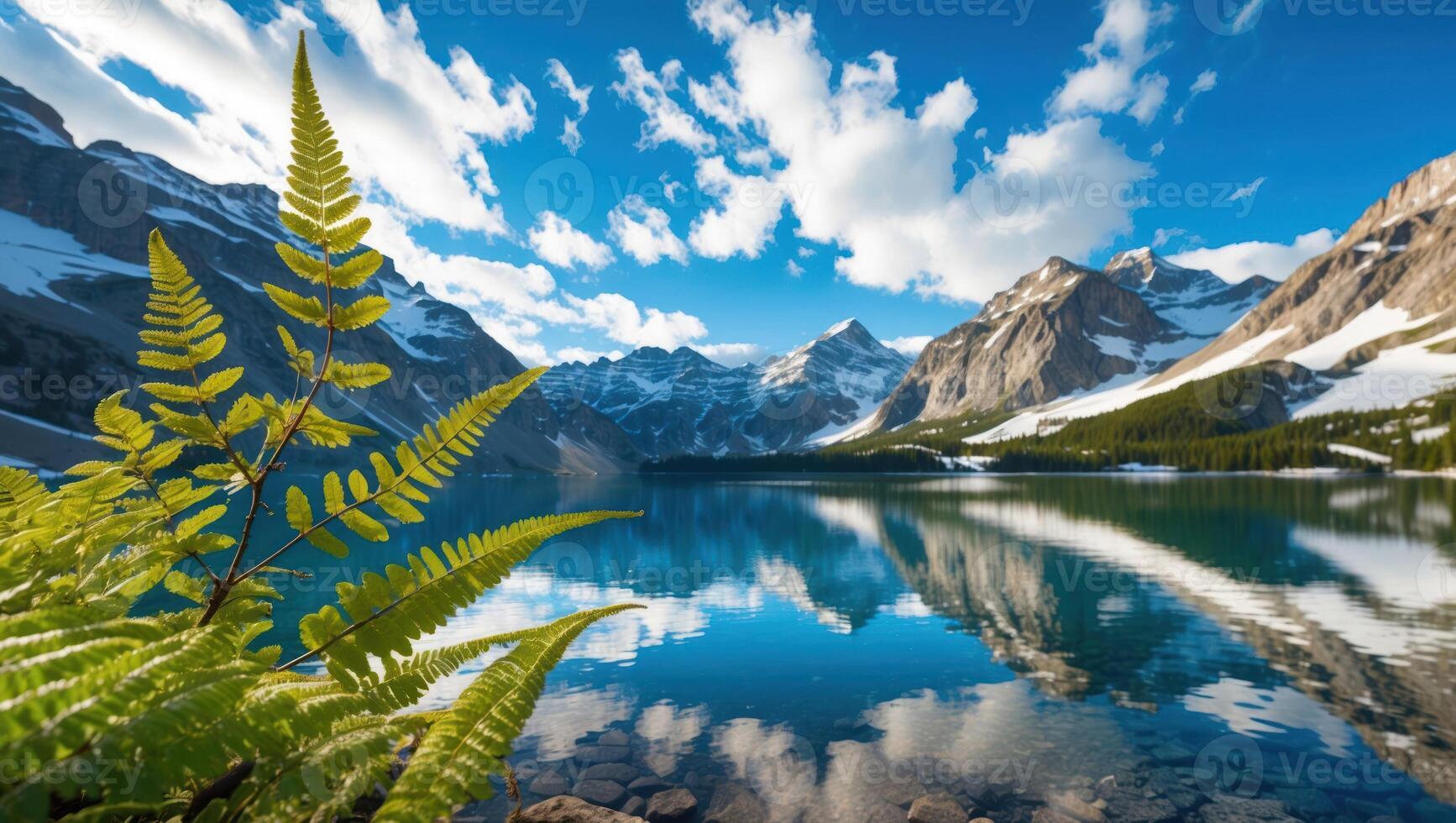 Reflecting Mountain Lake with Ferns and Blue Sky Landscape photo