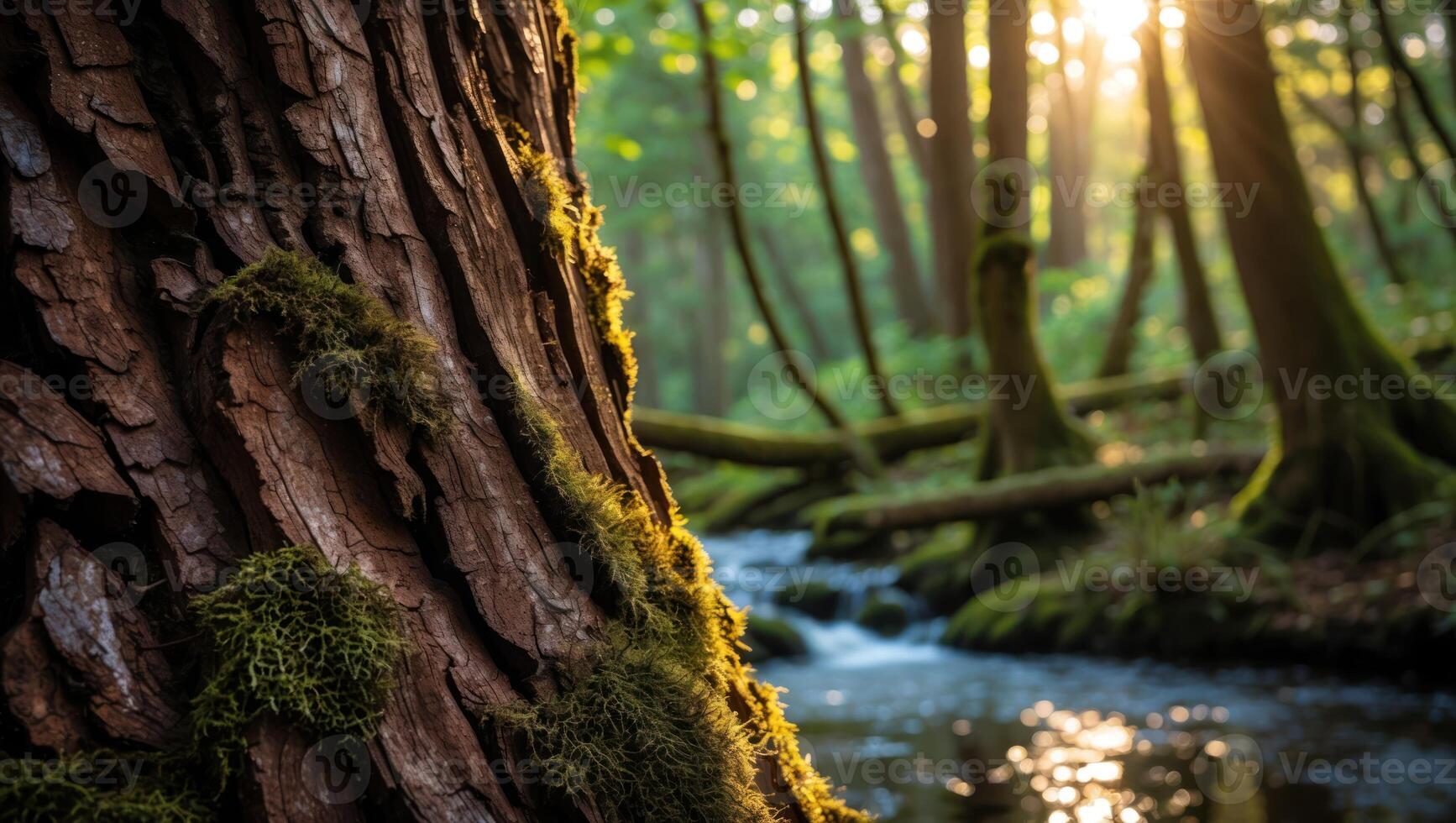 Mossy Tree Trunk Bordering Sparkling Stream in Lush Forest Sunlight photo