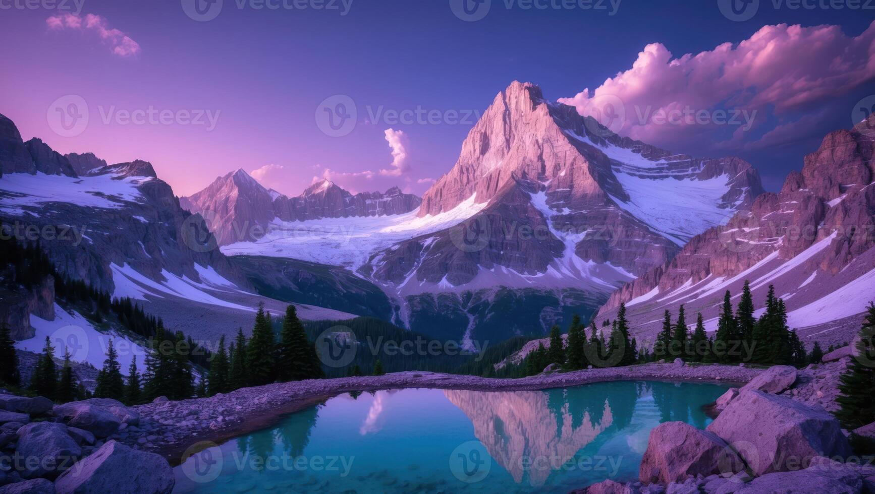 Mountain Reflection in Alpine Lake During Sunset with Snow Capped Peaks photo
