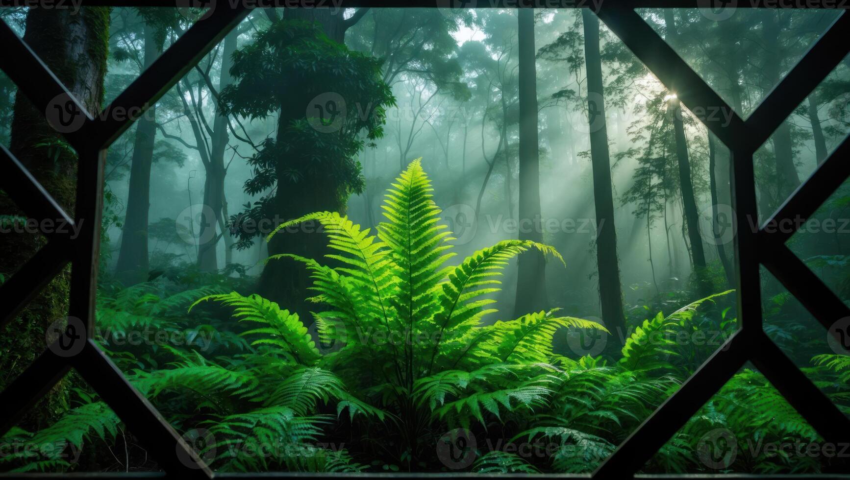 Viewing Ferns in Misty Forest Through Window Creates Tranquil Scene photo