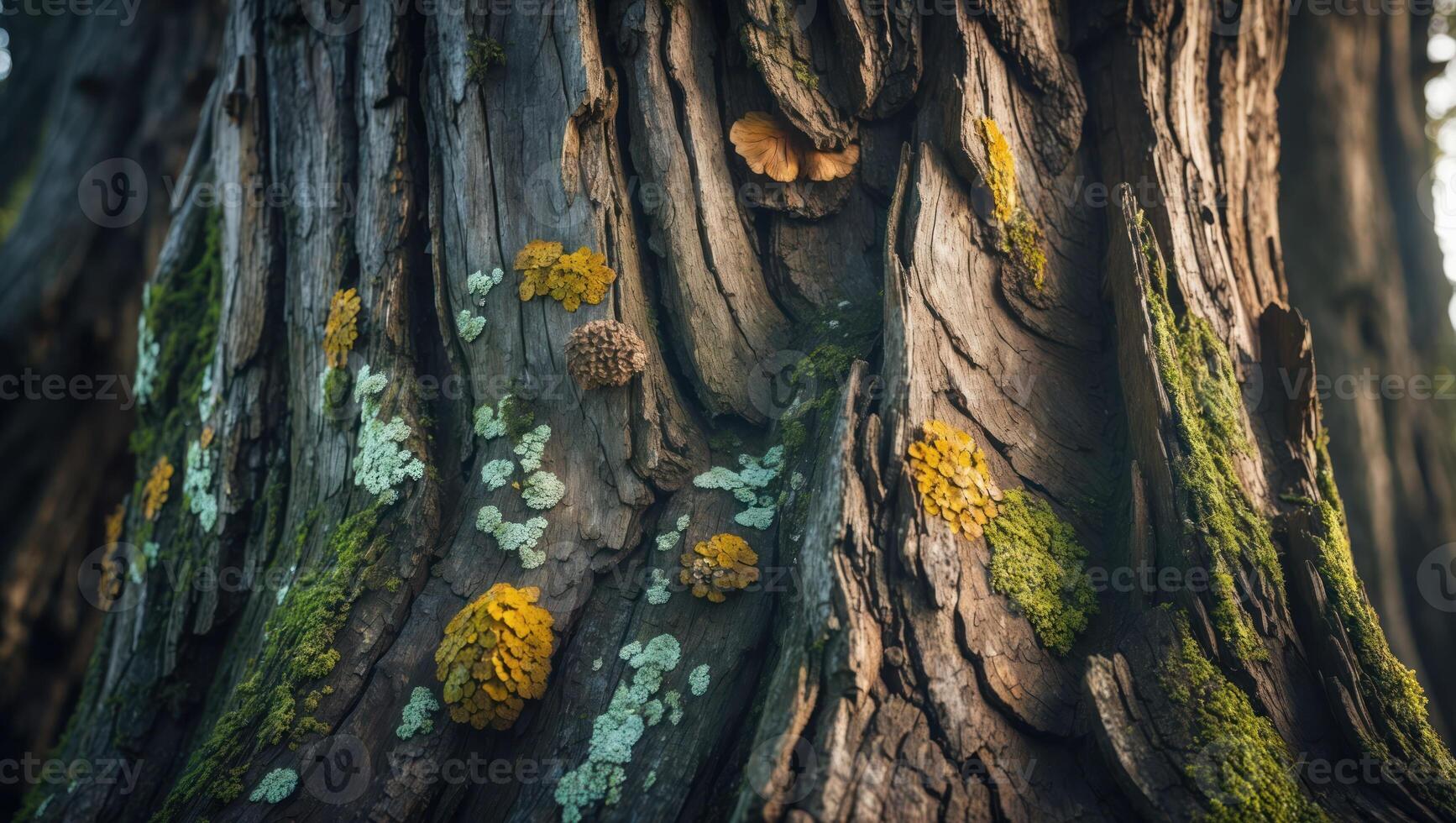 Examining Ancient Tree Bark Texture Covered in Moss and Lichen photo