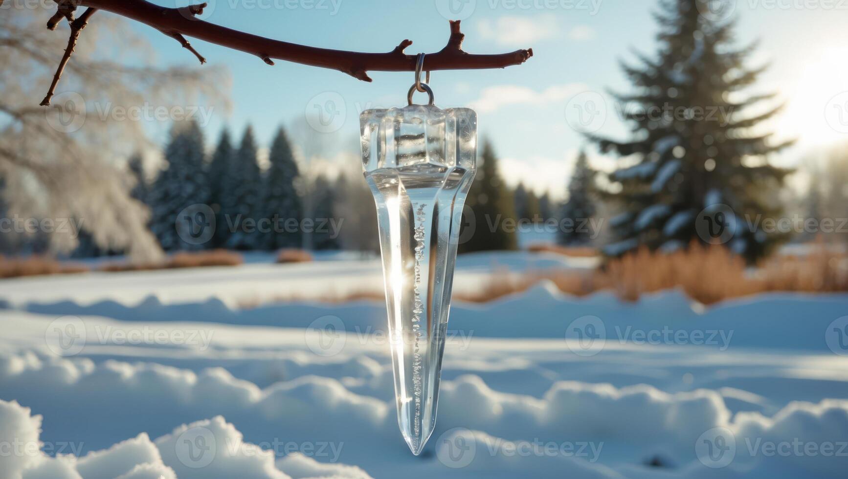 Hanging Glass Ornament on Bare Branch in Winter Landscape photo