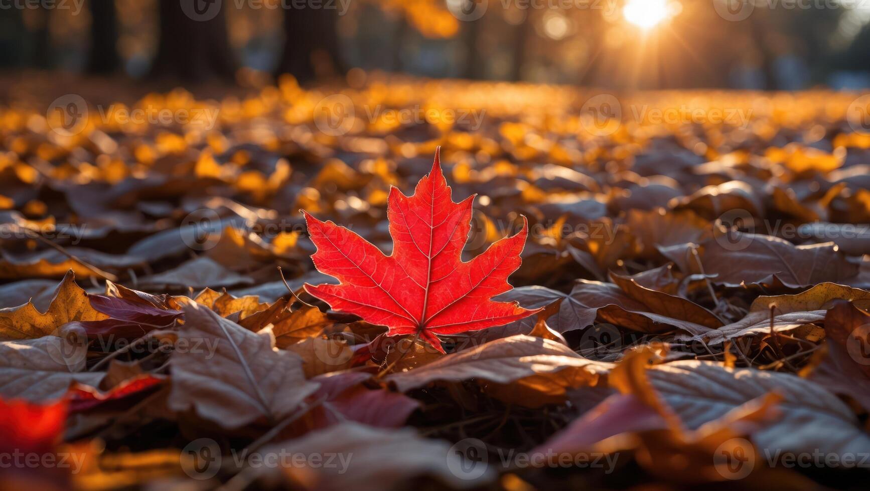 Red Maple Leaf Resting on Fallen Leaves in Autumn Sunlight photo