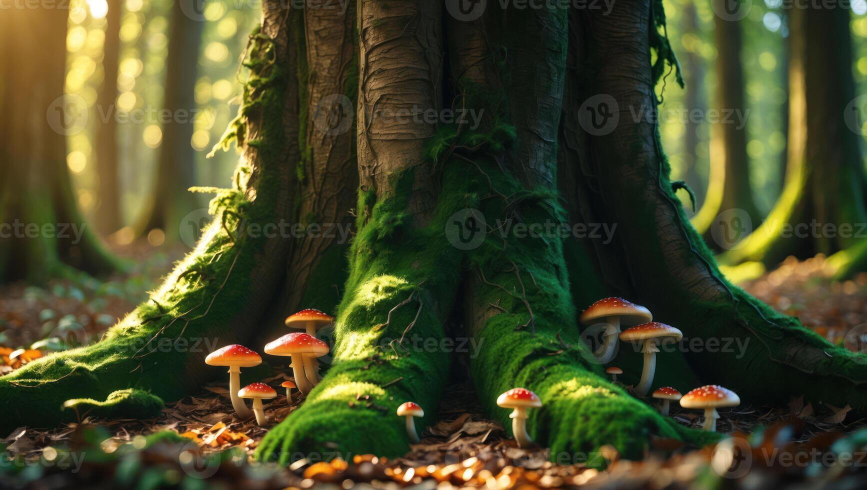 Mushrooms Growing at the Base of a Mossy Tree in Forest photo