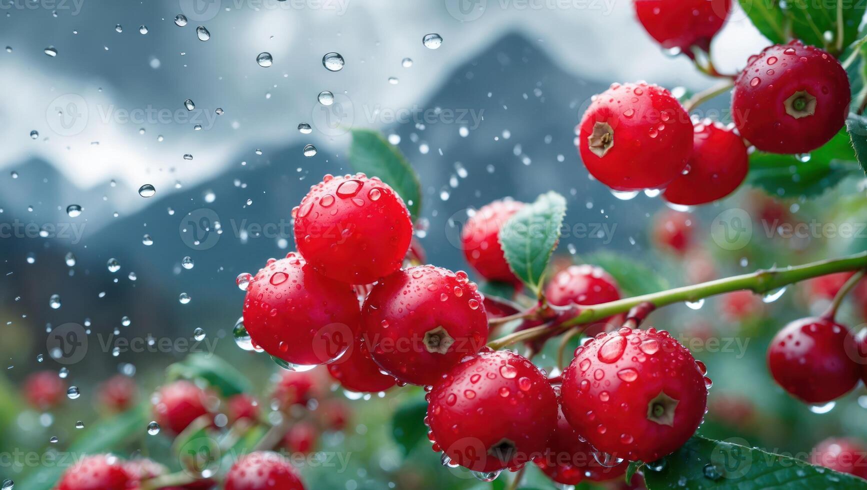 Red Berries with Raindrops Close-up on a Branch with Mountains Backdrop photo