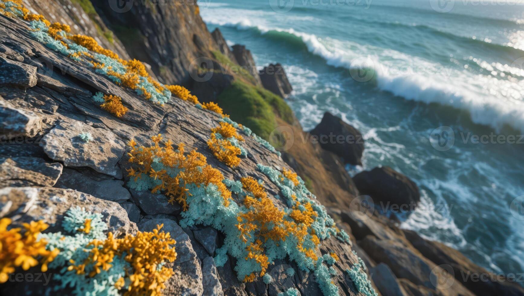 Waves Crashing on Rocky Shoreline Covered with Vivid Coastal Flora photo