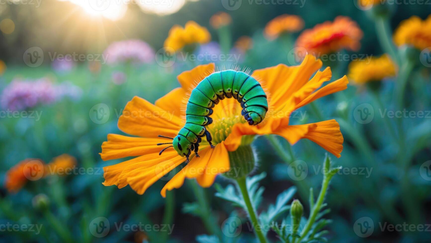 Green Caterpillar Crawling on Bright Orange Flower in Garden Sunlight photo