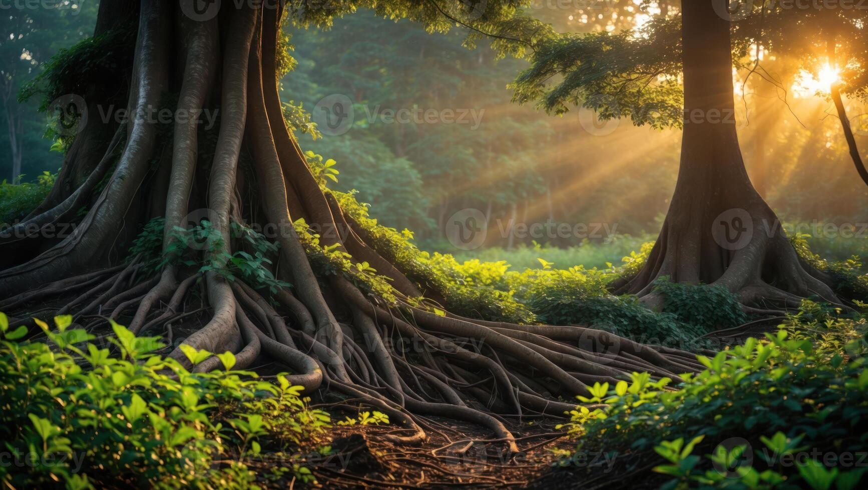Exploring Mystical Forest Path with Sunlight Streaming Through Ancient Trees photo