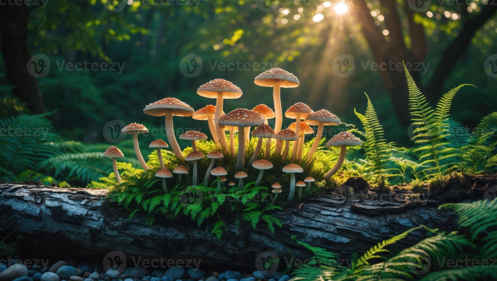 Mushrooms Growing on Log in Forest with Sun Rays Shining Through photo