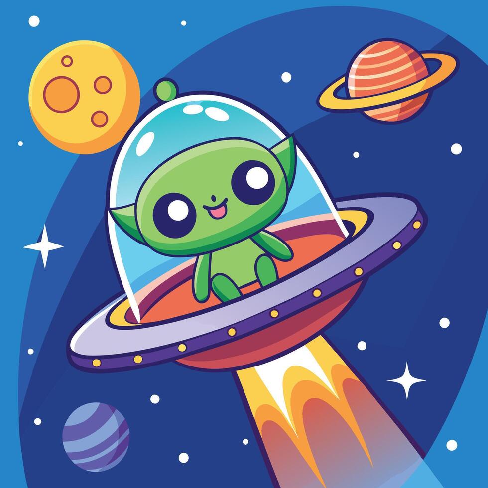 Adorable Extraterrestrial Visitor Riding a Spaceship in the Cosmic Expanse vector
