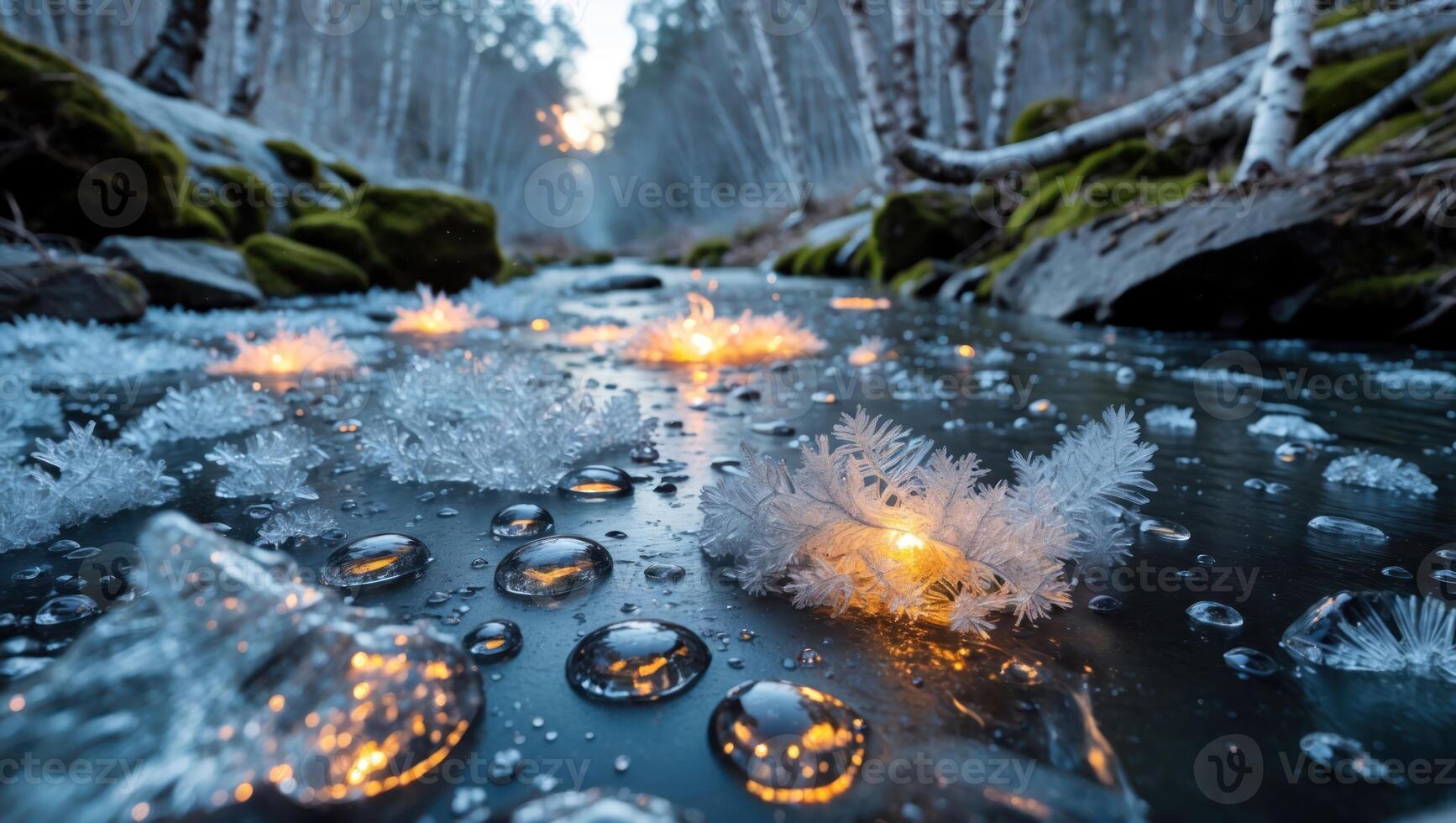 Frozen Stream with Ice Crystals and Water Droplets in Winter photo