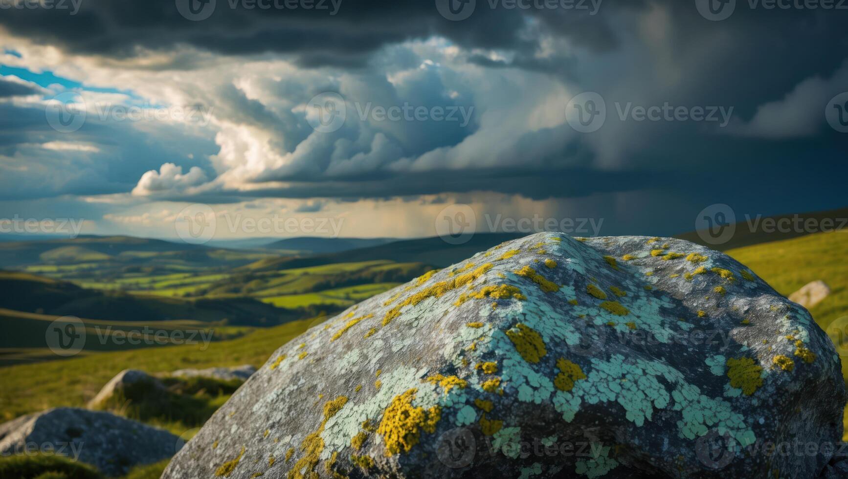 Lichen Covered Boulder Overlooking Rolling Hills Under Dramatic Cloudy Sky photo