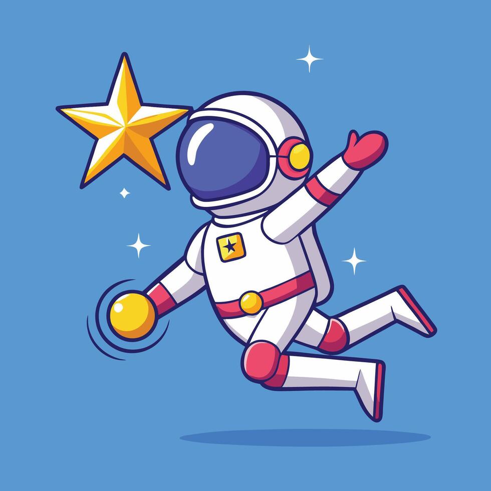 Cartoon Illustration of an Astronaut Joyfully Catching a Shining Star vector