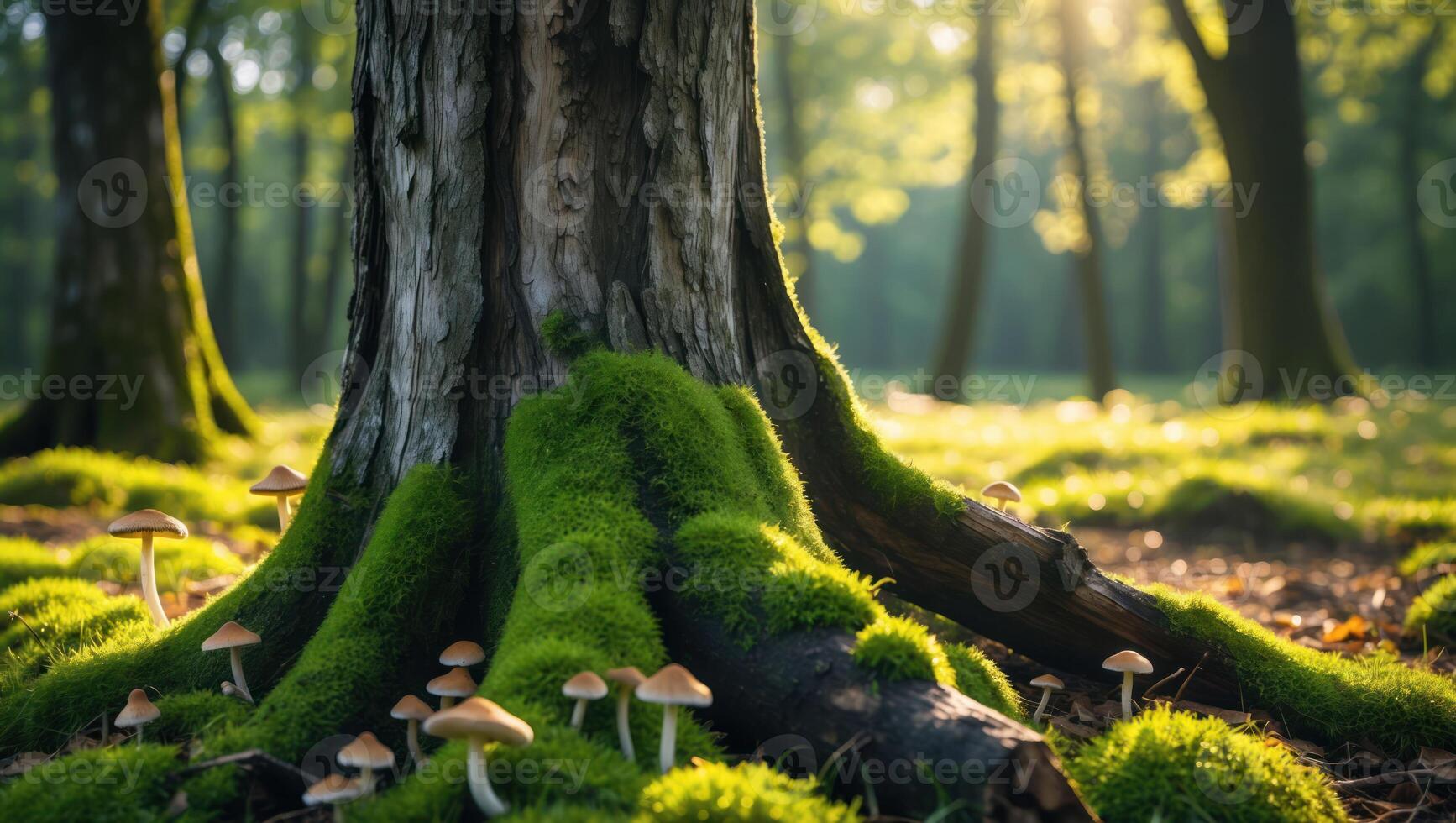 Mushrooms Growing Near Tree with Moss in Sunny Forest photo