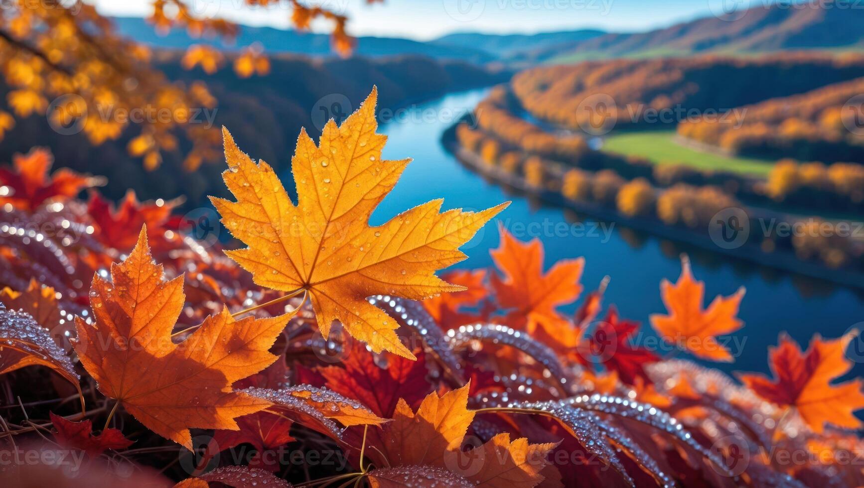 Maple Leaf and River Bend Displaying Autumn Colors in Landscape photo