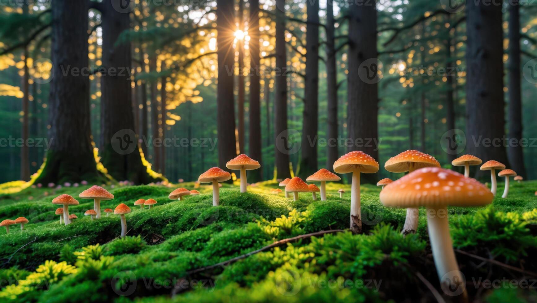 Mushrooms Growing on Mossy Forest Floor with Sunlight Streaming Through Trees photo