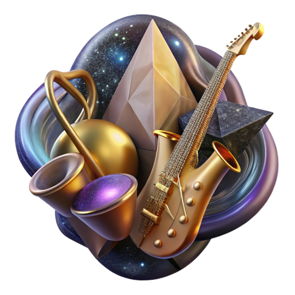 dramatic creative Fragmented Musical Instrument with Abstract Background Cutout on Transparent Background high resolution png