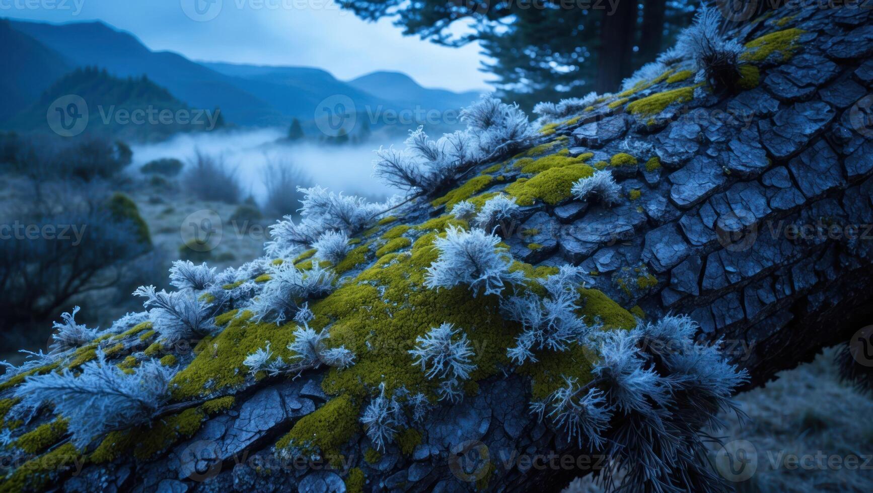 Tree Branch Covered with Moss and Frost Overlooking a Misty Landscape photo