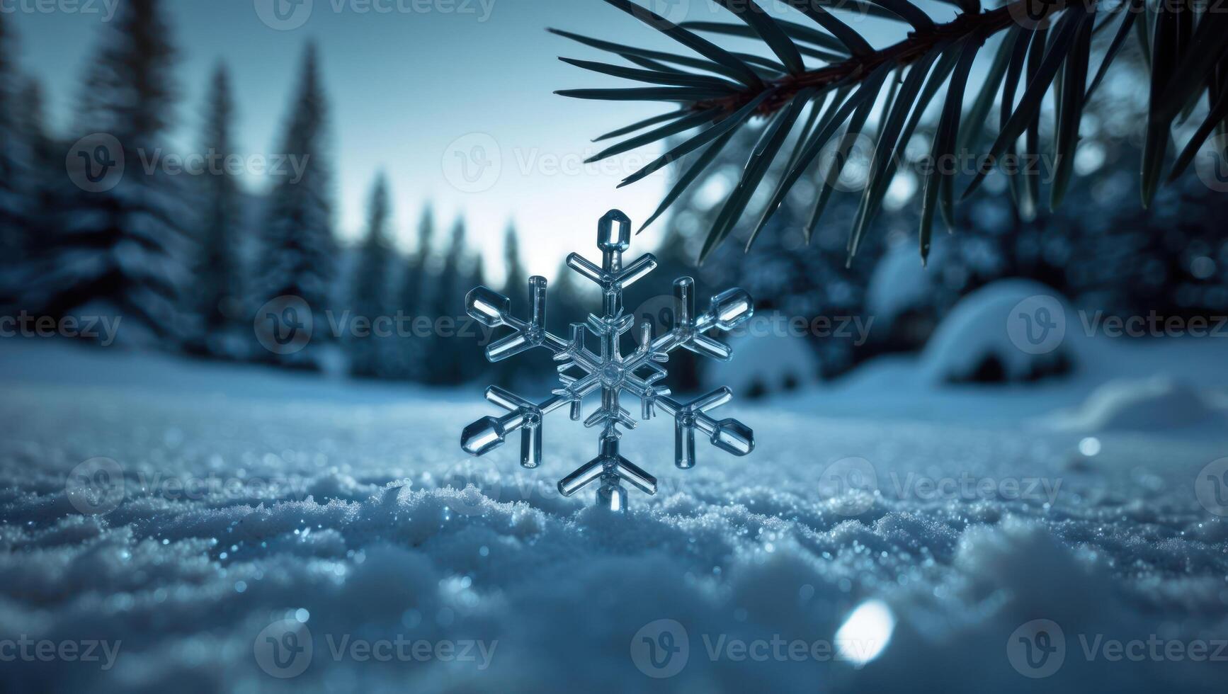 Snowflake on Sparkling Snow with Pine Branch Winter Wonderland Scene photo