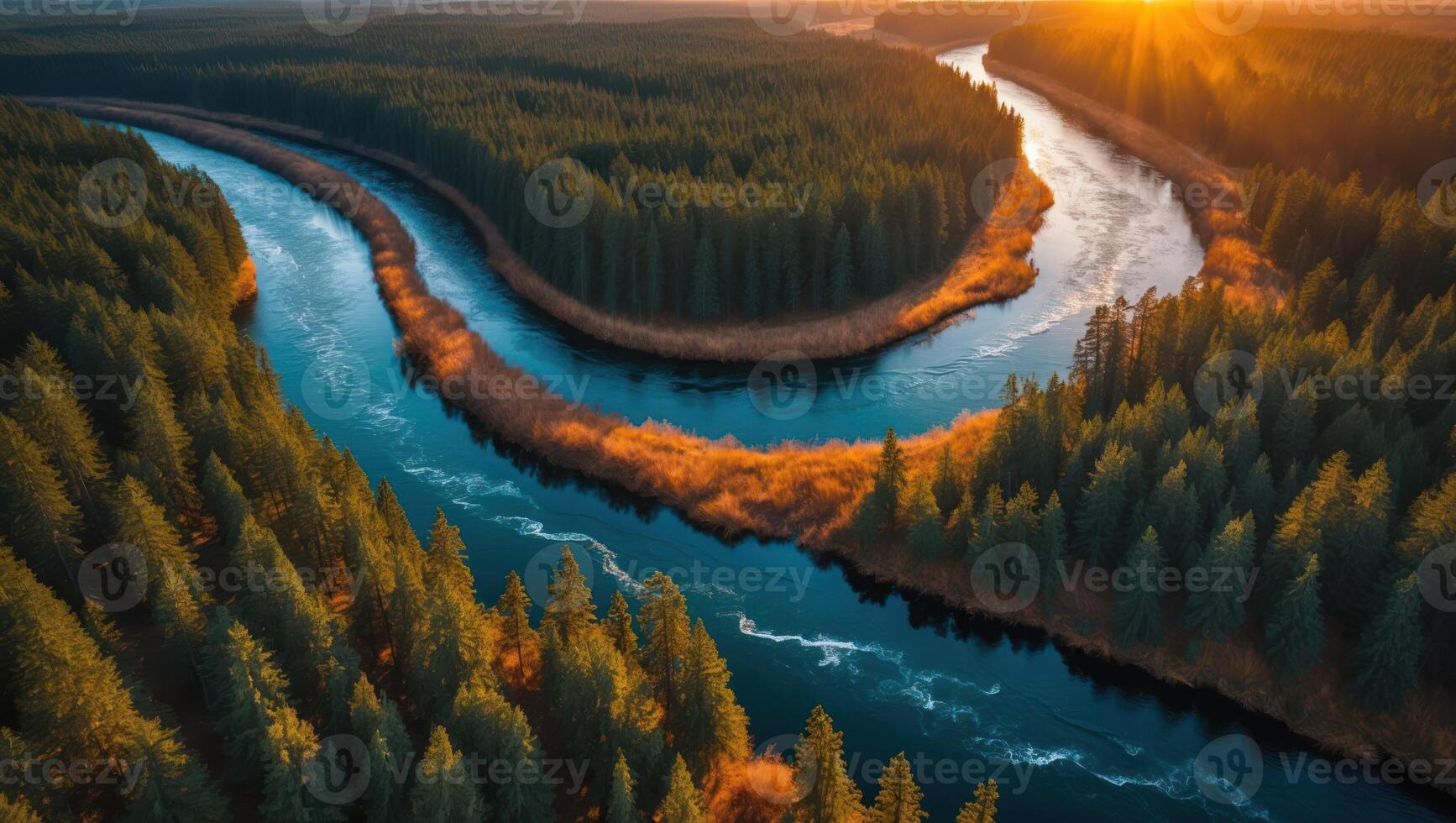 Aerial View of River Curving Through Forest at Golden Sunset Hour photo