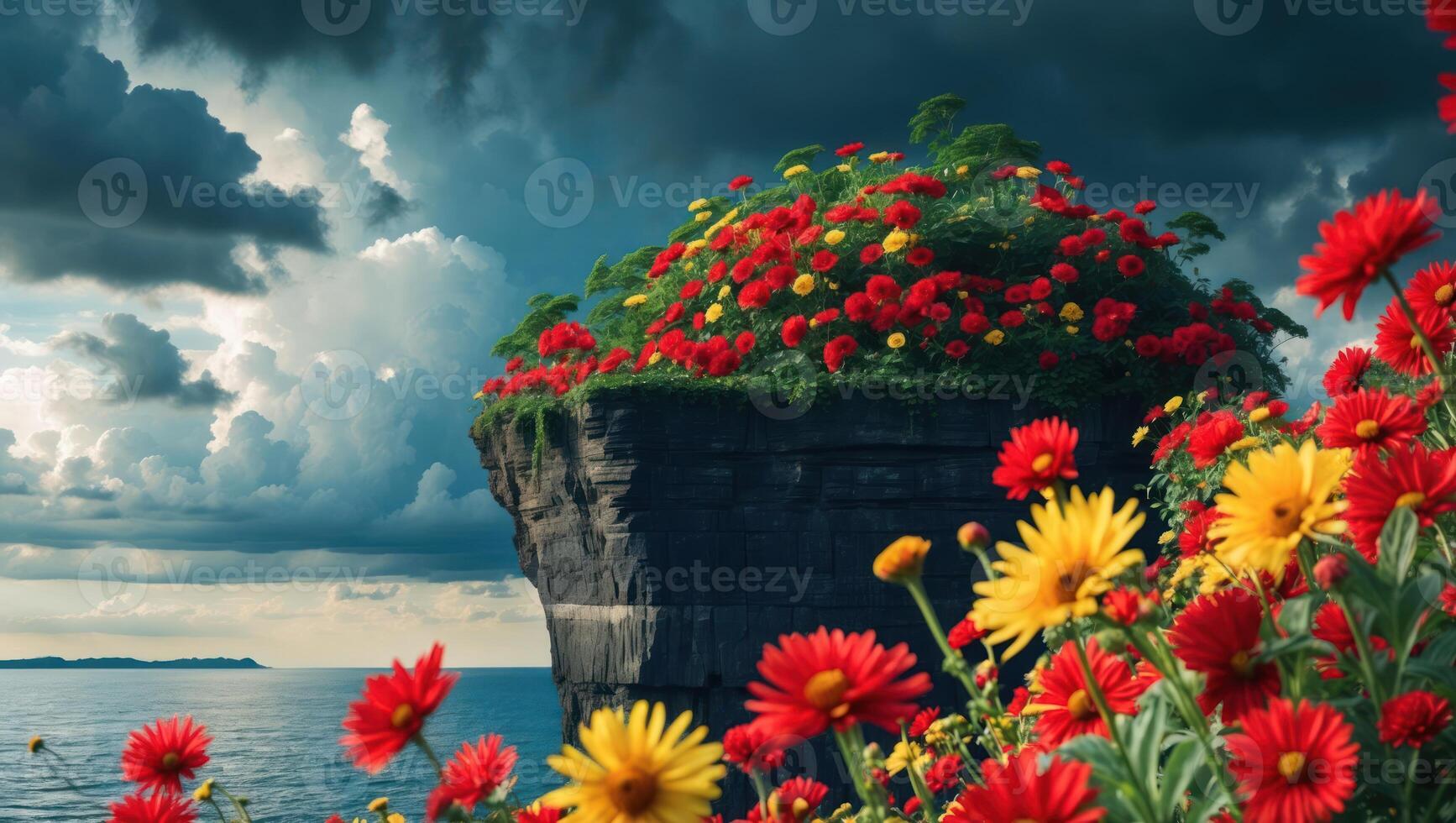 Cliff Top Flowers Overlooking Ocean Dramatic Sky Red Yellow Blossoms photo