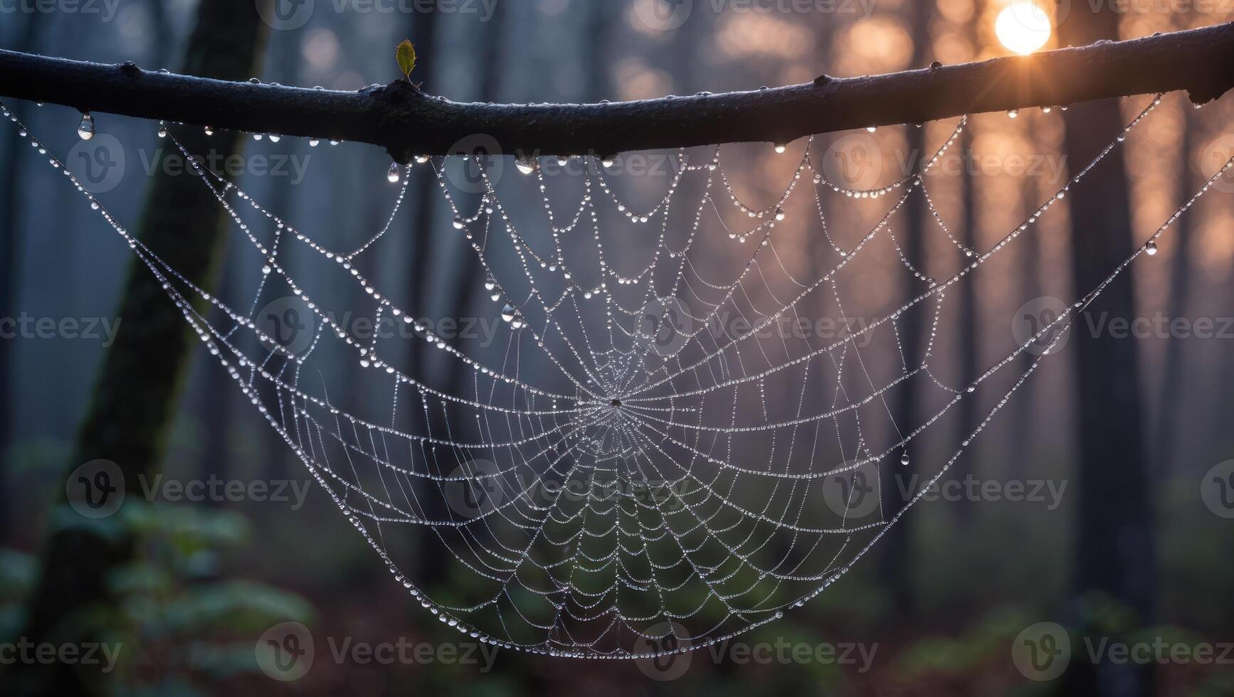 Spiderweb Covered in Dew Drops Hanging in Forest at Sunrise photo